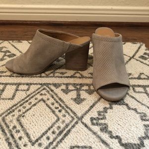 Franko Sarto suede open toe mules.